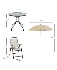 Outsunny 6 Piece Patio Dining Set for 4 with Umbrella, 4 Folding Dining Chairs & Round Glass Table for Garden, Backyard and Poolside, Beige