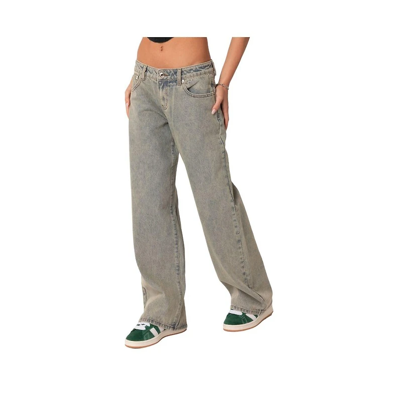 Edikted Womens Magda Low Rise Acid Wash Jeans