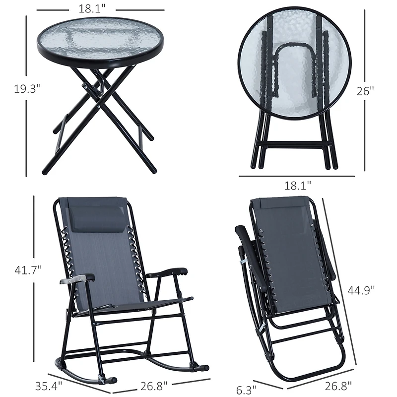 Outsunny 3 Piece Folding Rocking Chair Patio Table Set w/ 2 Rocking Chairs,