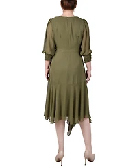 Ny Collection Women's 3/4 Sleeve Belted Chiffon Handkerchief Hem Dress