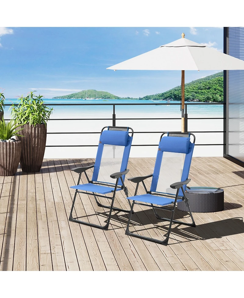 Outsunny Set of 2 Folding Patio Chairs, Camping Chairs with Adjustable Sling Back, Removable Headrest, Armrest for Garden, Backyard, Lawn, Blue
