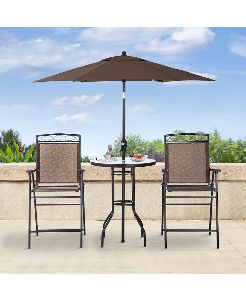 Outsunny 4 Piece Outdoor Patio Dining Furniture Set, 2 Folding Chairs, Adjustable Angle Umbrella, Wave Textured Tempered Glass Dinner Table
