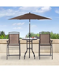 Outsunny 4 Piece Outdoor Patio Dining Furniture Set, 2 Folding Chairs, Adjustable Angle Umbrella, Wave Textured Tempered Glass Dinner Table
