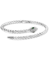 Effy Diamond (1/4 ct. t.w.) & Tsavorite (1/20 ct. t.w.) Snake Bypass Bangle Bracelet in Sterling Silver