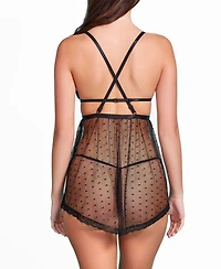 Hauty Women's 2 Piece Pleated Satin and Dot Mesh Babydoll Lingerie Set