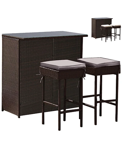 Patio 3PCS Rattan Bar Table Stool Set Cushioned Chairs