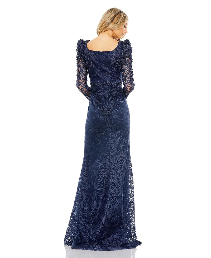 Mac Duggal Women's Embroidered Applique Shoulder Detail Trumpet Gown