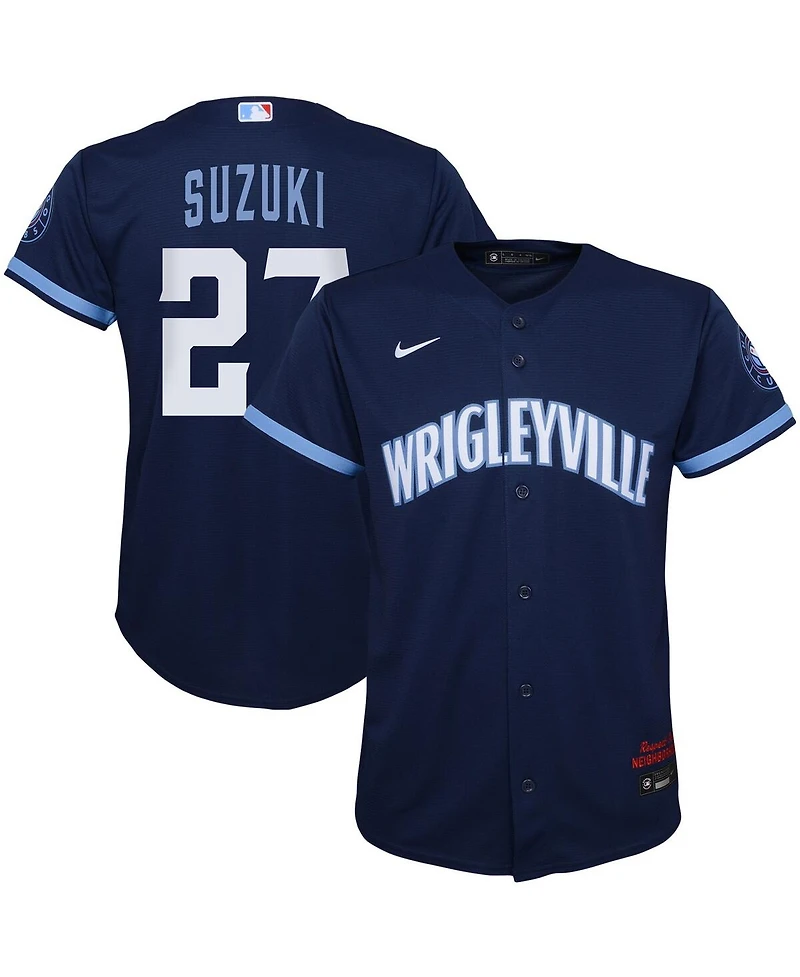 Preschool Boys and Girls Nike Seiya Suzuki Navy Chicago Cubs City Connect Script Replica Player Jersey