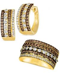 Le Vian Chocolate Diamond Nude Diamond Multirow Statement Ring Small Hoop Earrings Collection In 14k Gold