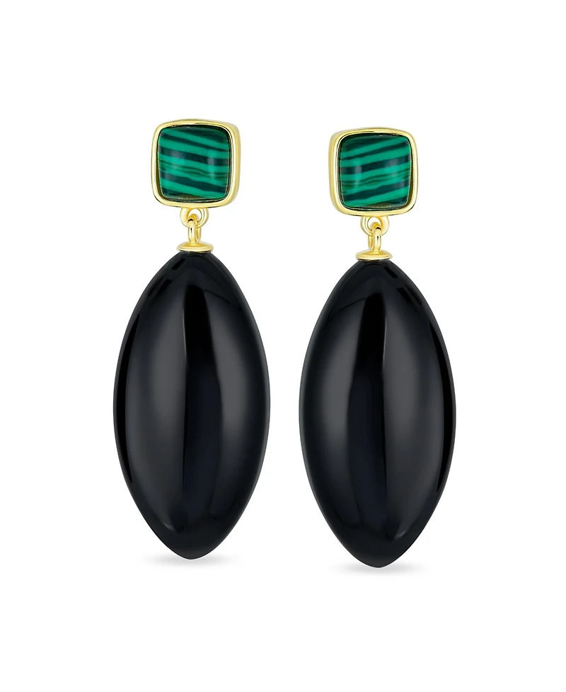 Bling Jewelry Unique Linear Malachite Black Natural Onyx Rhombus Shape Square Multi- Party Dangling Earrings in Gold Plated