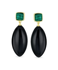 Bling Jewelry Unique Linear Malachite Black Natural Onyx Rhombus Shape Square Multi- Party Dangling Earrings in Gold Plated