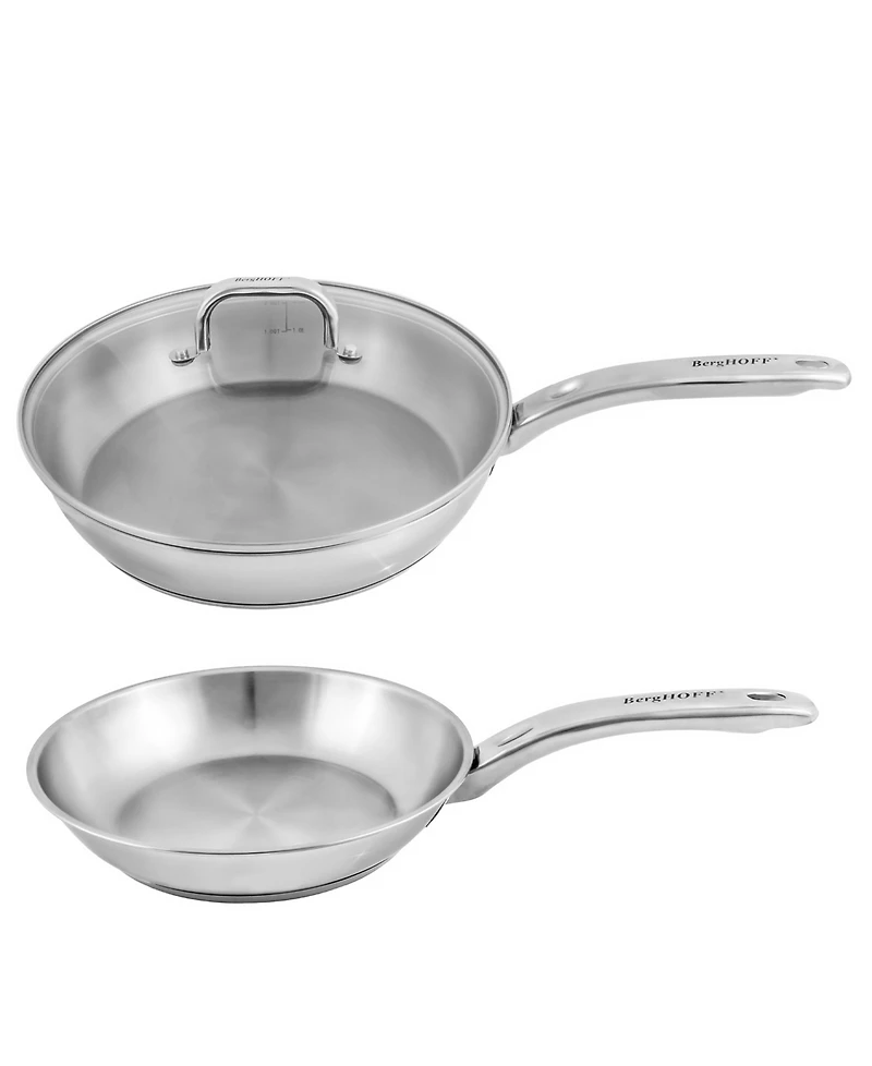 BergHOFF Belly Shape 3pc 18/10 Stainless Steel Fry Pan & Skillet Cookware Set with Glass Lid
