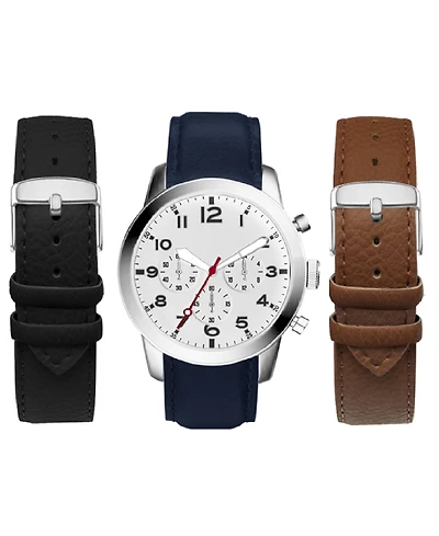 American Exchange Men's Navy Leather Strap Watch 44mm Gift Set