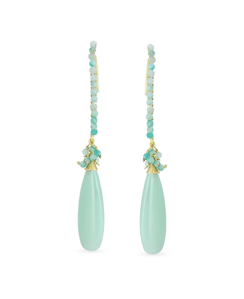 Bling Jewelry Boho Wire Wrap Cluster Bead Accent Elongated Fish Hook Long Teardrop Chandelier Dangle Earrings Gold Plated