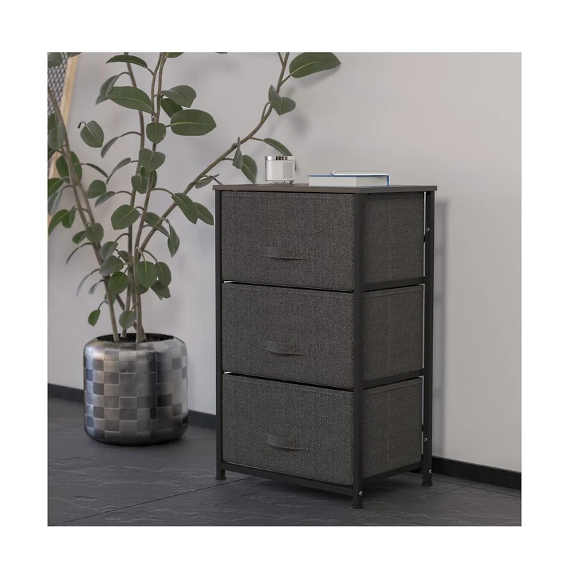 3 Drawer Vertical Storage Dresser With Wood Top & Fabric Pull Drawers