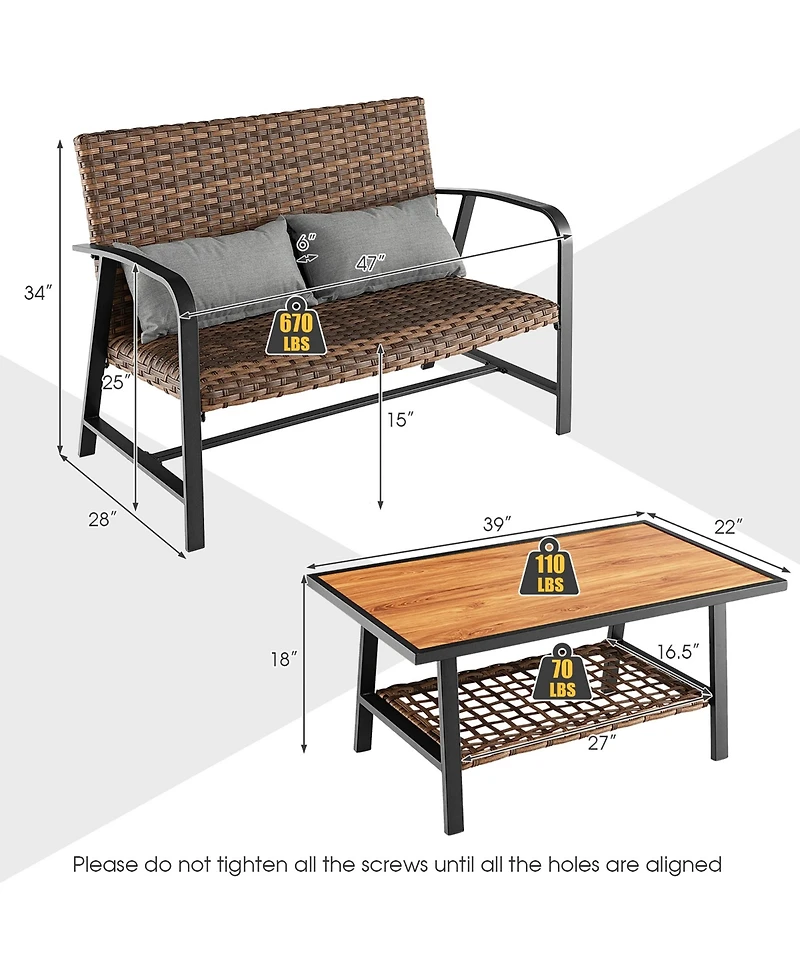 Costway 2 Pcs Patio Rattan Loveseat Coffee Table Set Padded Back & Seat Pillow w/Shelf
