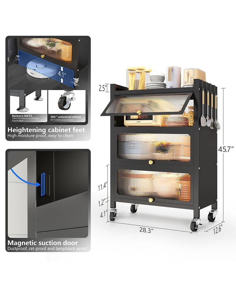 Mega Casa 3 Door Accent Cabinet, 4 Tier Kitchen Organizer Shelf, Black