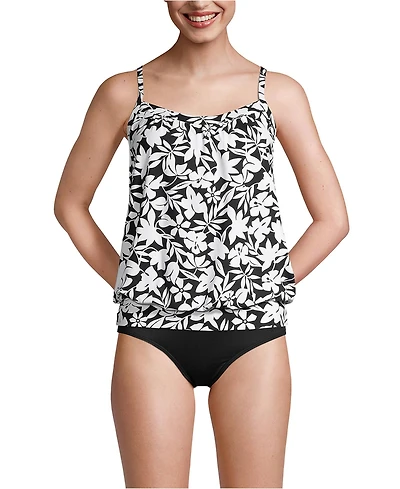 Lands' End Women's Petite Blouson Tummy Hiding Tankini Swimsuit Top Adjustable Straps
