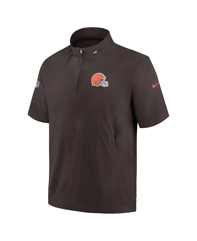 Men's Nike Brown Cleveland Browns Sideline Coach Short Sleeve Hoodie Quarter-Zip Jacket