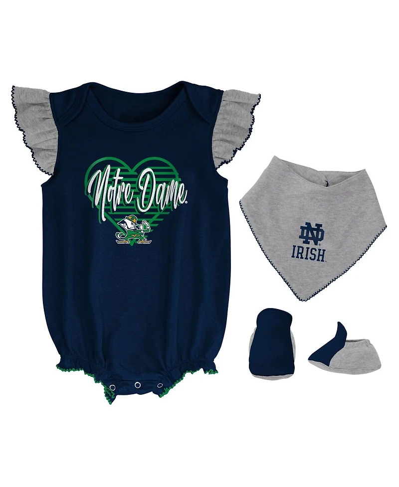 Girls Newborn and Infant Navy, Heather Gray Notre Dame Fighting Irish All The Love Bodysuit Bib Booties Set
