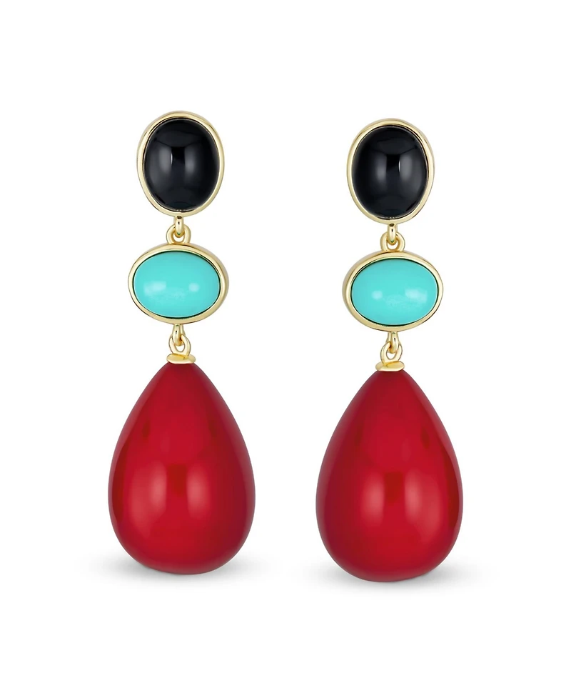 Unique Geometric Dangling Teardrop Ball Multi Shape Oval & 3 Multi-Tier Natural Gemstone Party Earrings for Women 14K Yellow Gold