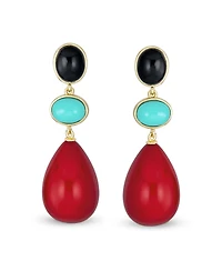 Unique Geometric Dangling Teardrop Ball Multi Shape Oval & 3 Multi-Tier Natural Gemstone Party Earrings for Women 14K Yellow Gold