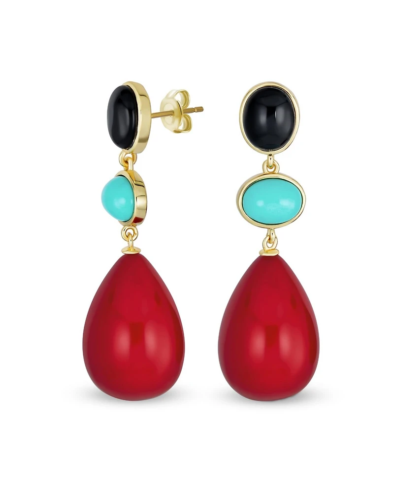 Unique Geometric Dangling Teardrop Ball Multi Shape Oval & 3 Multi-Tier Natural Gemstone Party Earrings for Women 14K Yellow Gold