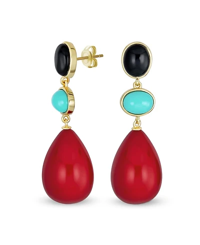 Unique Geometric Dangling Teardrop Ball Multi Shape Oval & 3 Multi-Tier Natural Gemstone Party Earrings for Women 14K Yellow Gold