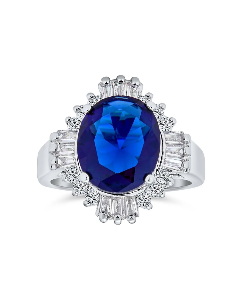 Bling Jewelry Art Deco Style Royal Blue Oval Baguette Halo 6CT Cz Solitaire Statement Promise Ring Silver Plated