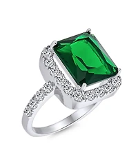 Bling Jewelry Fashion Rectangle Solitaire Cubic Zirconia Cz Pave Halo Green Art Deco Style 10CT Cocktail Statement Ring Silver Plated