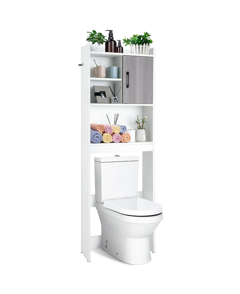 Costway Over The Toilet Storage Cabinet Bathroom Space Saver w/ Open Shelves & Door