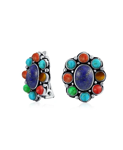 Bling Jewelry Southwestern Natural Lapis Blue Turquoise Multicolor Cabochon Oval Large s Western Concho Clip On Earrings Non Pierced Ears Sterling Sil
