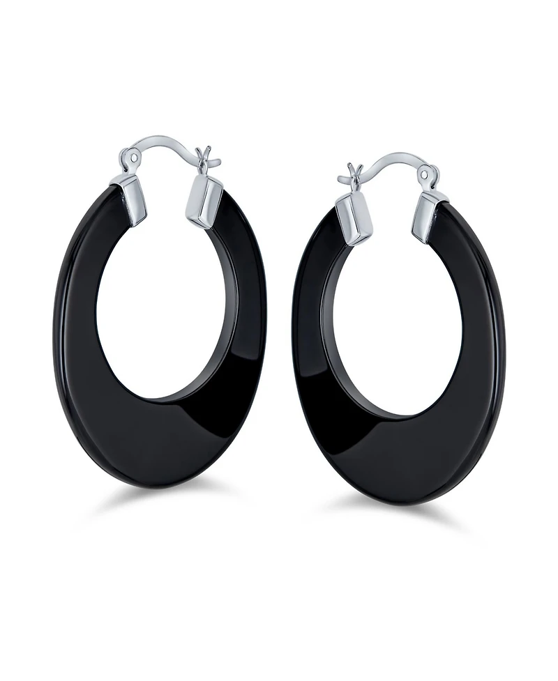Bling Jewelry Wide Flat Stone Large Oval Hoop Earrings Sterling Silver 1.5 Inch Diameter
