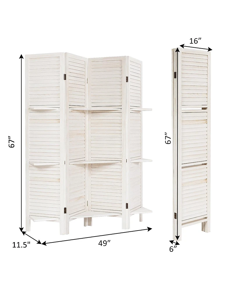 4 Panel Folding Room Divider Screen W/3 Display Shelves 5.6 Ft Tall