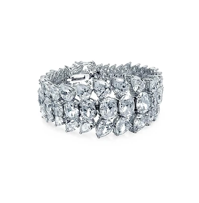 Bling Jewelry Elegant Multi Row Cubic Zirconia Graduated Cluster Teardrop Cz Wide Statement Bracelet Rhodium Plated