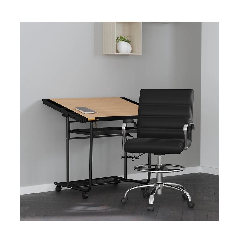 Merrick Lane Tevia Mid-Back Drafting Chair With Adjustable Foot Ring Upholstered Swivel Chair With Chrome Base