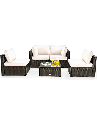 5PCS Patio Rattan Furniture Set Cushioned Sofa Chair Coffee Table