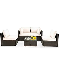 5PCS Patio Rattan Furniture Set Cushioned Sofa Chair Coffee Table