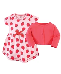 Touched by Nature Baby Girls Organic Cotton Dress and Cardigan 2pc Set, Strawberries