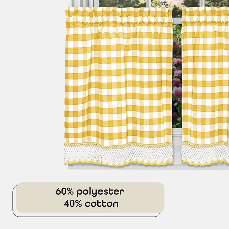 Kate Aurora 2 Piece Country Farmhouse Buffalo Plaid Rod Pocket Cafe Tier Curtain Panels With Macrame Border