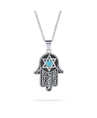 Bling Jewelry Hanukkah Judaic Magen Jewish Hamsa Hand Of God Star Of David Pendant Necklace Blue Cubic Zirconia Cz Black Oxidized