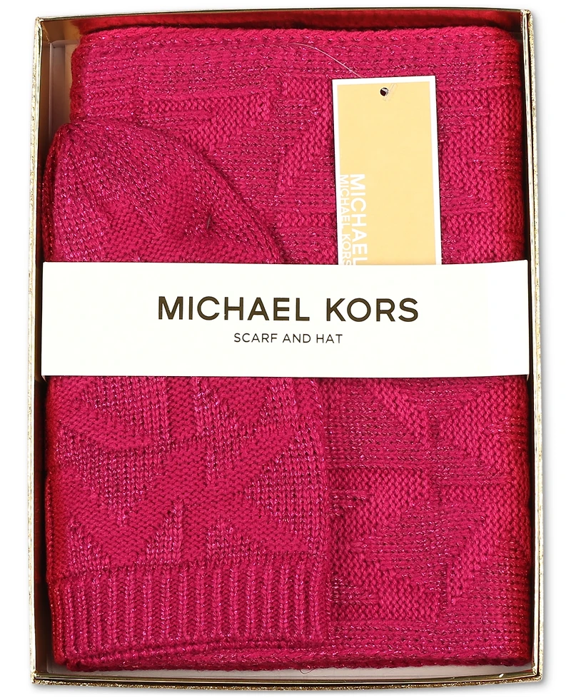 Michael Michael Kors Women's Debossed Knit Metallic Beanie & Scarf Set