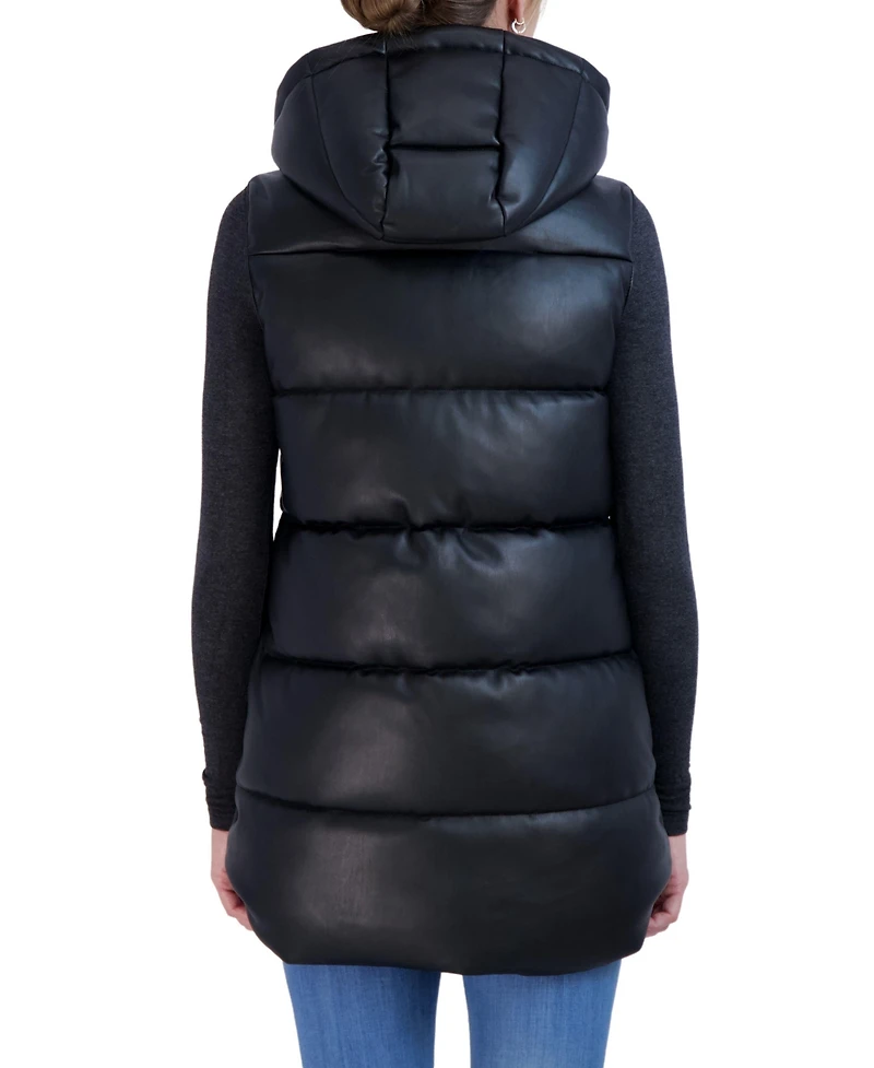 Sebby Collection Women's Puffer Faux Leather Vest with Hood