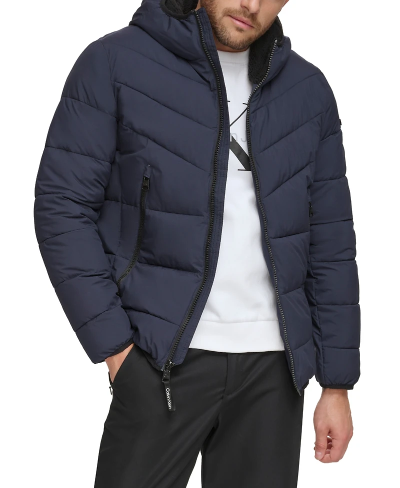 Calvin Klein Men's Chevron Stretch Jacket With Sherpa Lined Hood