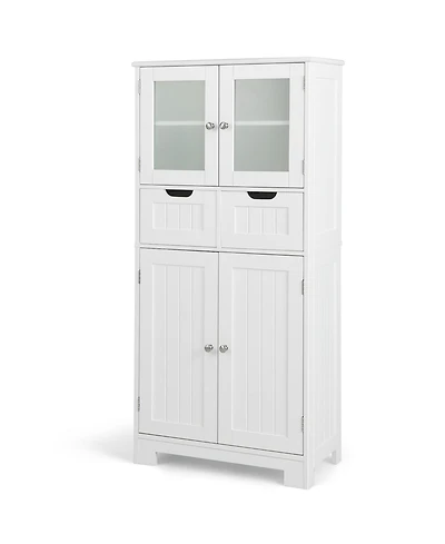 Bathroom Floor Storage Cabinet Kitchen Cupboard with 2 Drawers & Glass Doors