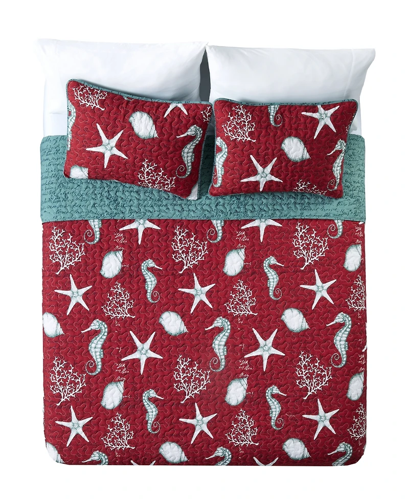 Closeout! Videri Home Festive Seahorse Reversible 3-Piece Quilt Set, Full/Queen