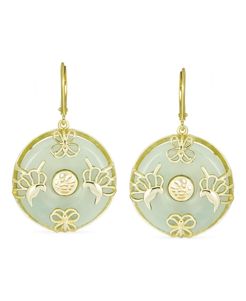 Bling Jewelry Asian Style Circle Disc Round Donut Good Fortune Green Jade Butterfly Drop Dangle Earrings Gold Plated Sterling Silver Lever Back
