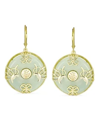 Bling Jewelry Asian Style Circle Disc Round Donut Good Fortune Green Jade Butterfly Drop Dangle Earrings Gold Plated Sterling Silver Lever Back