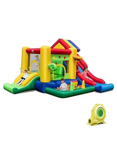 Costway Kids Colorful Rainbow Inflatable Bounce Castle with 50 Ocean Balls & 735W Blower