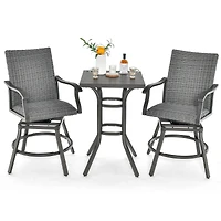 3PCS Patio Rattan Bar Table Stools Set Aluminum 360° Swivel Chairs with Padded Seat